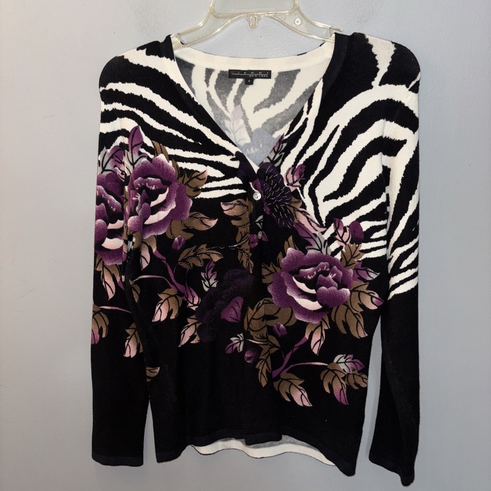 Pierre New York Cardigan Zebra Print Purple Floral Women's Small Whimsigoth